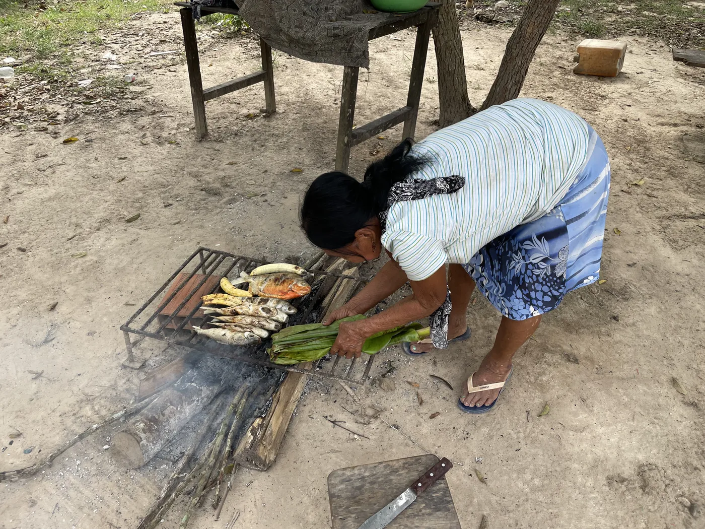 Pescado del río y plátanos asándose en una parrilla sobre un fuego hecho en el suelo, con una mujer preparando la comida al lado
